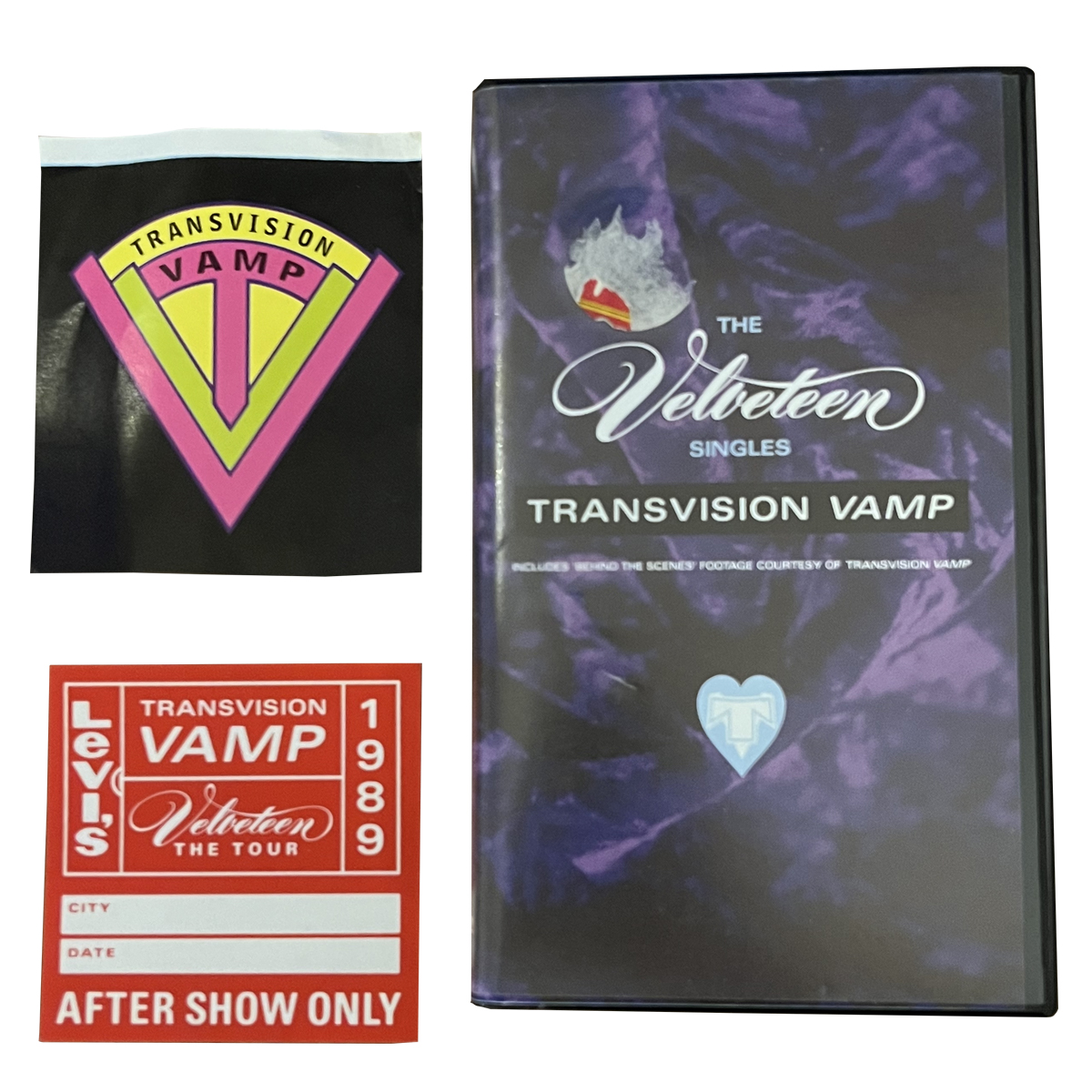 TRANSVISION VAMP ‘VELVETEEN SINGLES’ VHS + PASS + STICKER