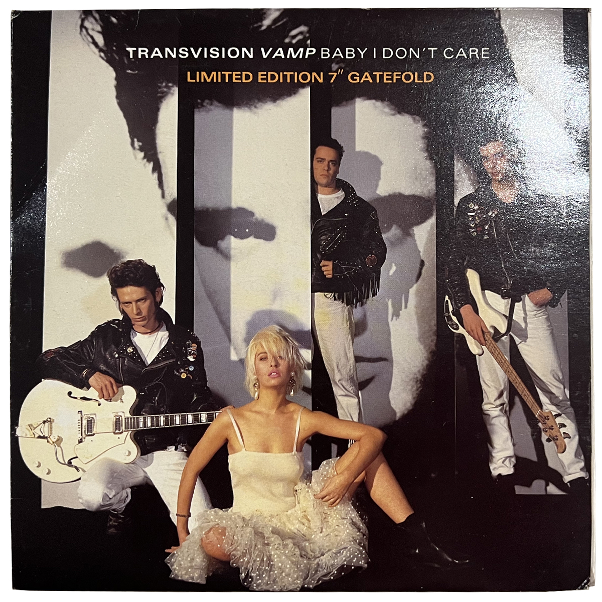 TRANSVISION VAMP ‘BABY, I DON’T CARE’ GATEFOLD, 7” VINYL 1990 *SIGNED & PERSONALIZED